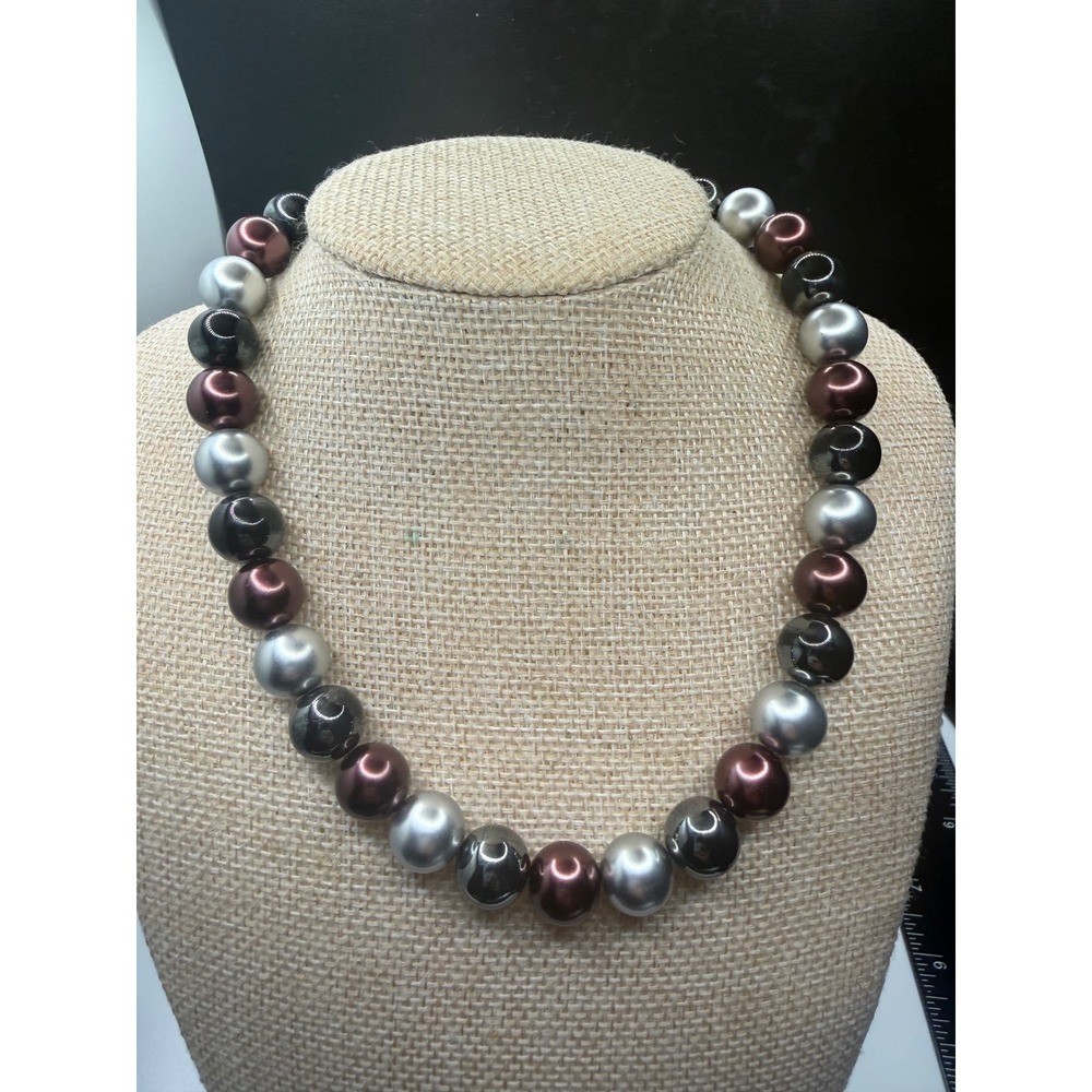 Metallic Faux Pearl Statement Necklace Silver Burgundy Grey Rhinestone Clasp 18"